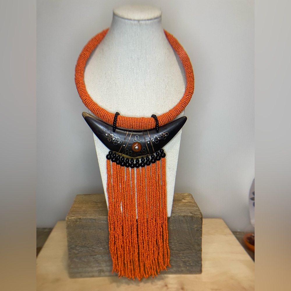 African Tribal Choker Necklace - Seed Beads and Wood and Leather - Intricate